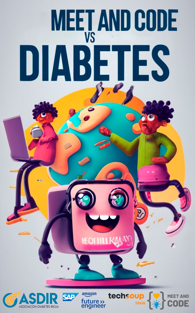 Cartel de la actividad Meet  Code vs Diabetes Con dos nios programando  una abola del mundo y un mueco cuadrado sobre un monopatn